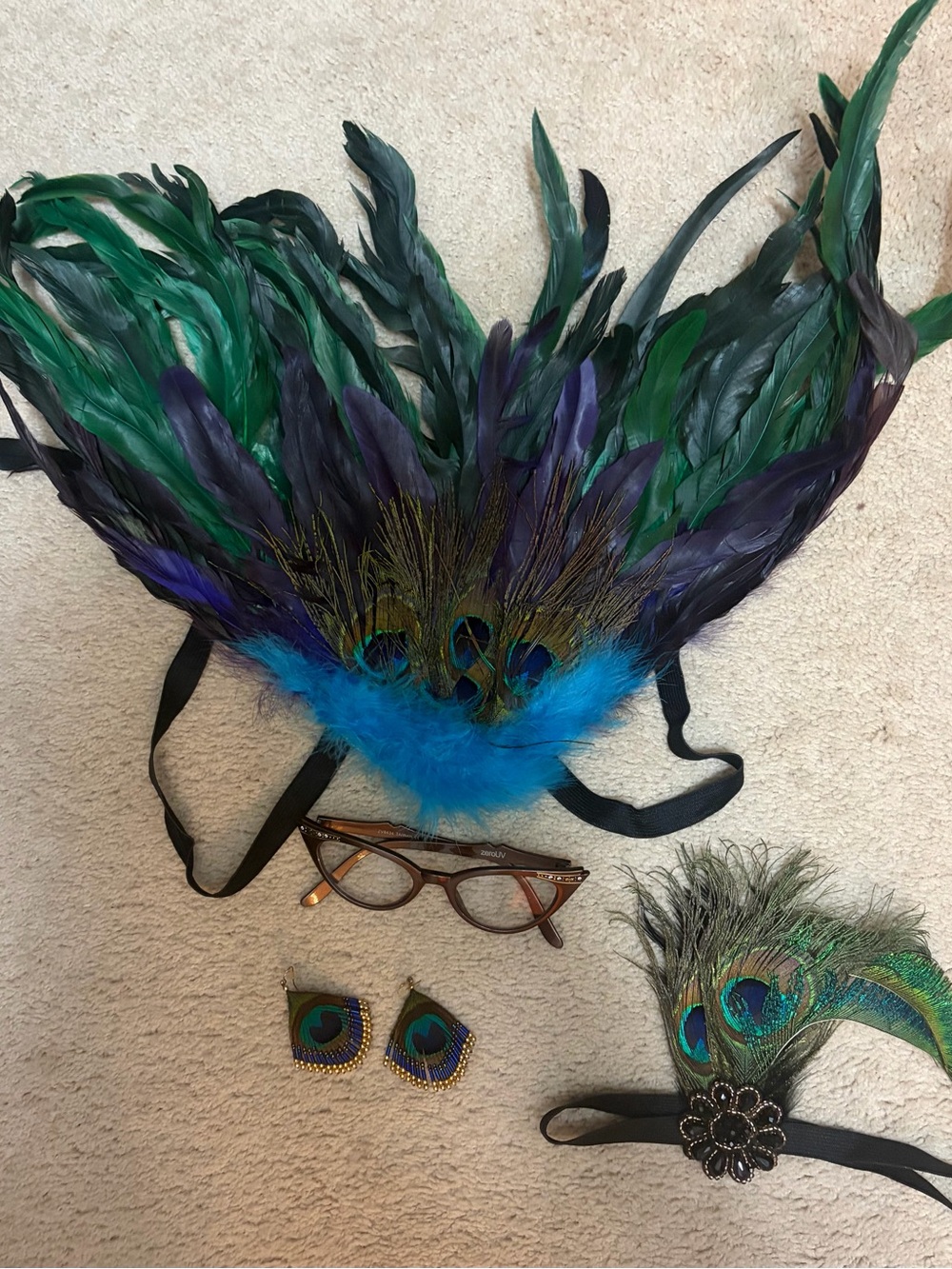 Peacock Halloween Costume Complete Set, Feather Wings earrings, Glasses
